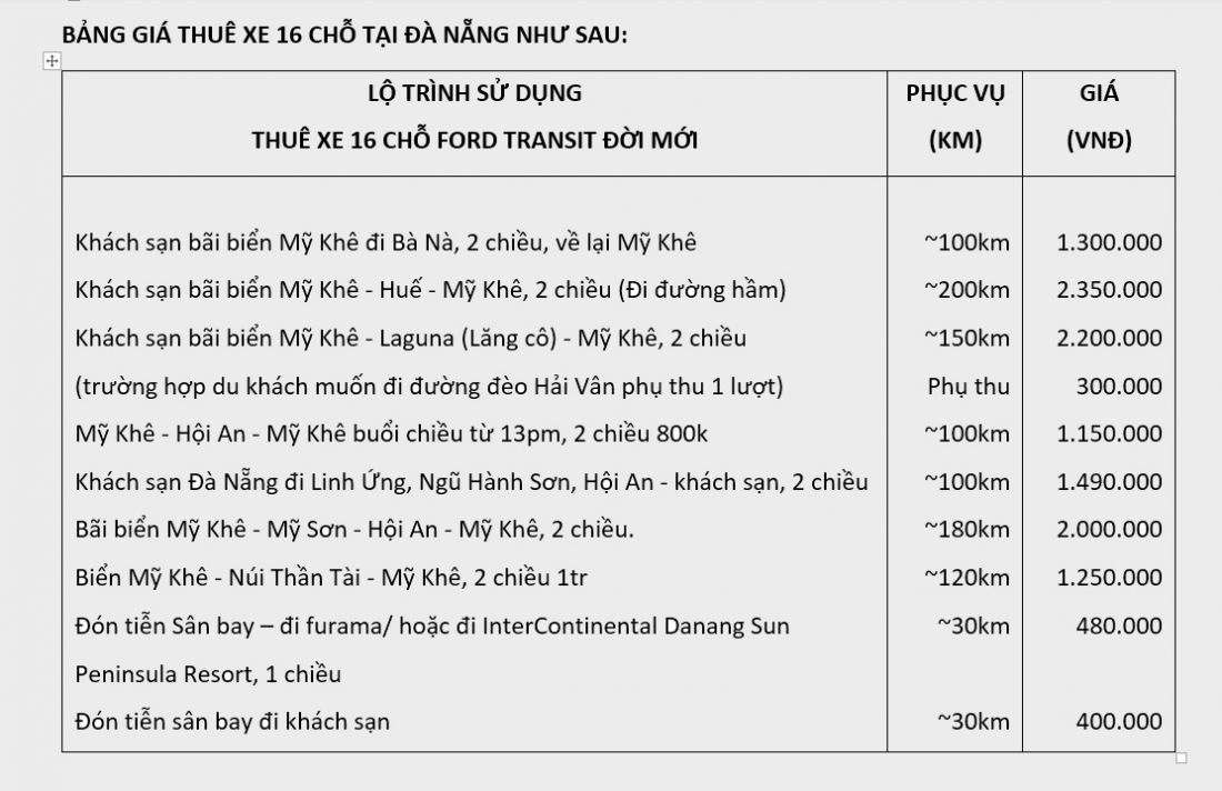 Bảng giá thuê xe ford transit tại Đà Nẵng